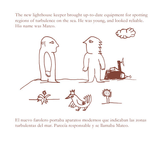  The new lighthouse keeper brought up-to-date equipment for spotting regions of turbulence on the sea. He was young, and looked reliable. His name was Mateo.
 -----
 El nuevo farolero portaba aparatos modernos que indicaban las zonas turbulentas del mar. Parecia responsable y se llamaba Mateo.